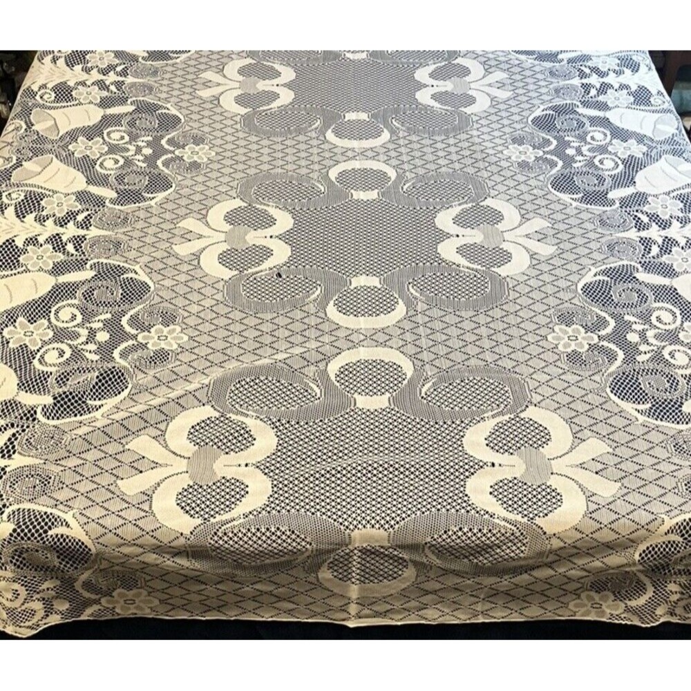 Christmas Lace Table Cloth - White - 82" x 72" - Tree  Bells Bows Flowers